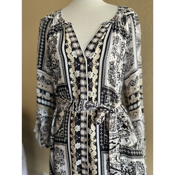 Hale Bob Mischa Button Up Long Sleeve Belt Print Maxi Dress Size M $283 - Picture 5 of 10
